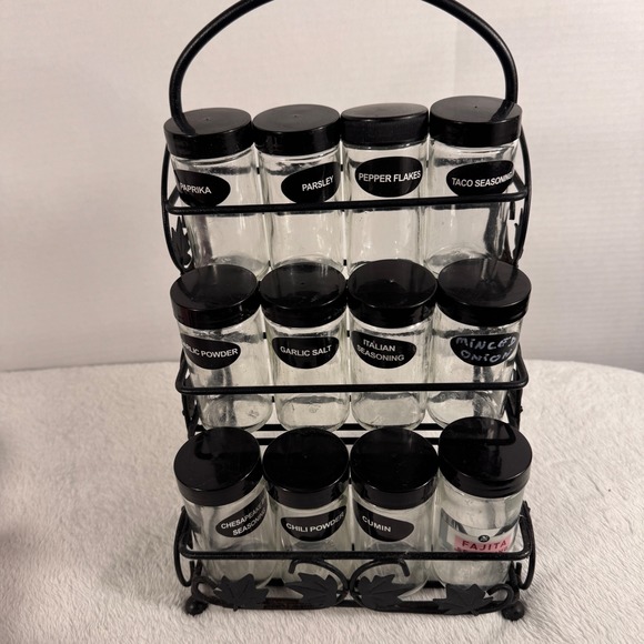 Kitchen | 12 Jar 3 Tier Spice Rack Black Metal Scroll Leaf Glass Jars ...
